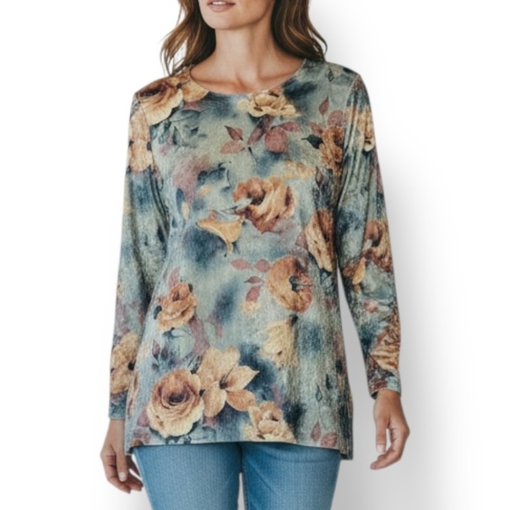 4/$20 Vintage Sadimara Floral Tunic Blouse Blue Yellow Rose Print Long Sleeve M